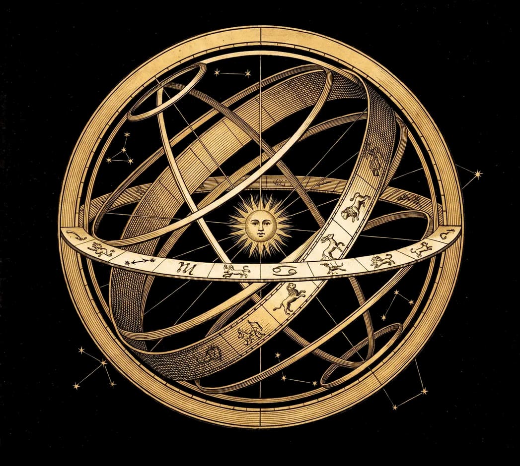 An engraved golden armillary sphere and zodiac band, ringed by constellations, on a deep midnight ground.