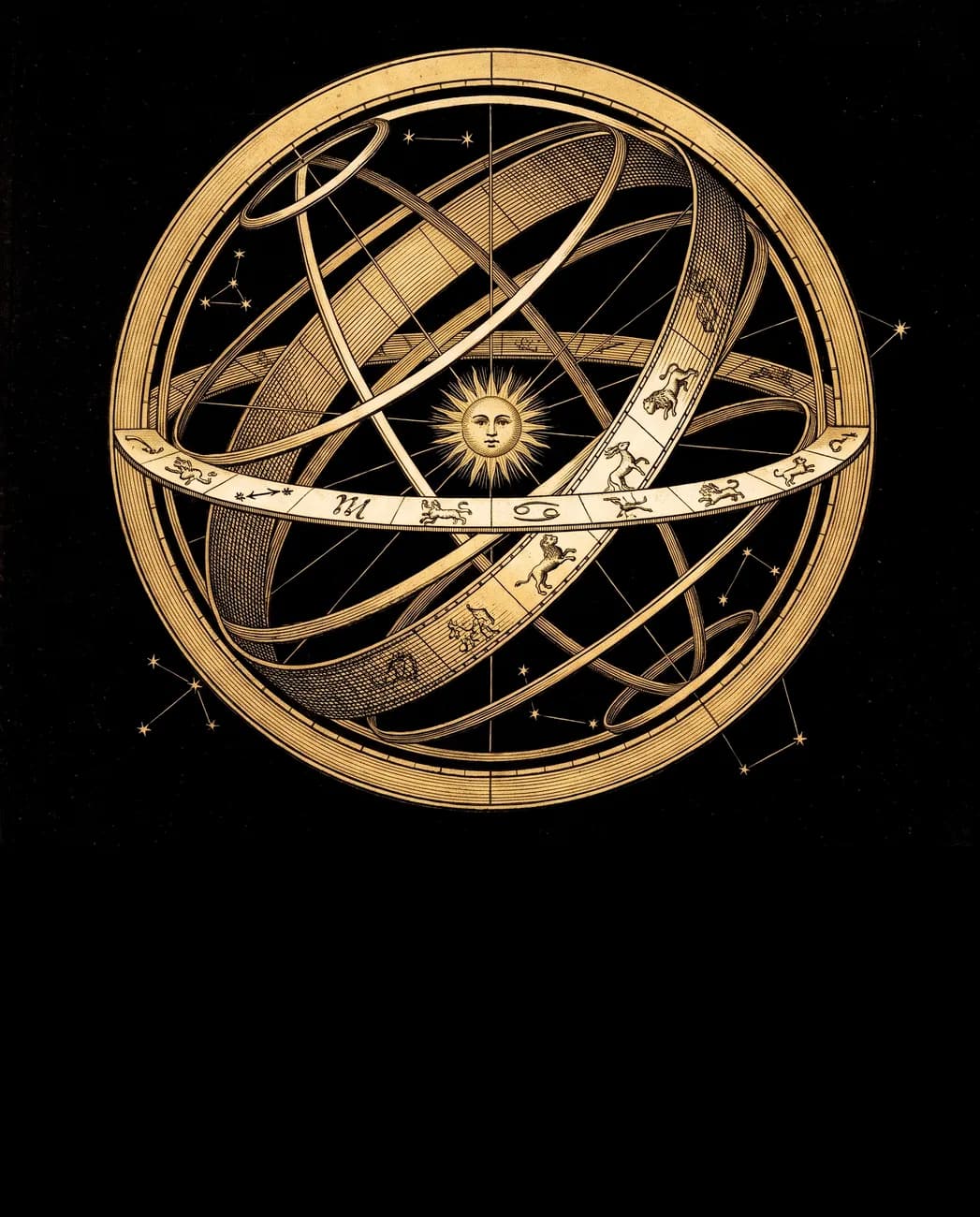 An engraved golden armillary sphere and zodiac band, ringed by constellations, on a deep midnight ground.