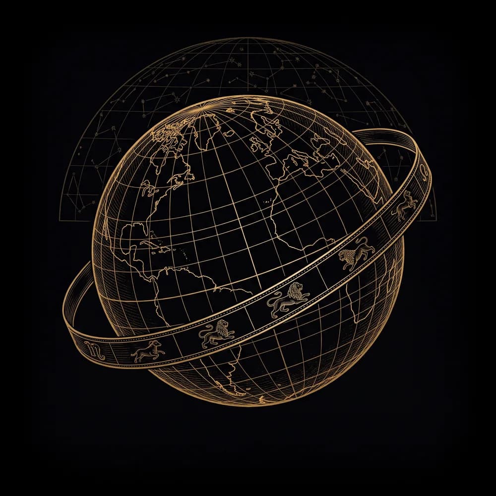 An engraved celestial-terrestrial globe ringed by the zodiac and a dome of constellations, in gold on deep midnight.